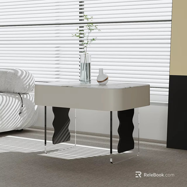 Light Marble Top Side Table with Wave Shaped Black Acrylic Legs Next to Gray Sofa 3d model 