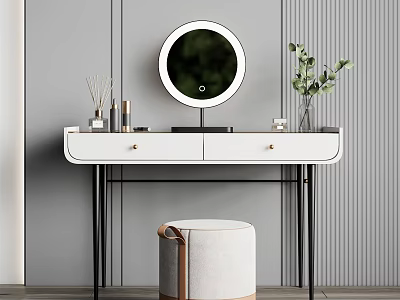 Elegant Dressing Table With White Countertop Black Legs Round Mirror Cosmetics Green Plant And Stool 3d model