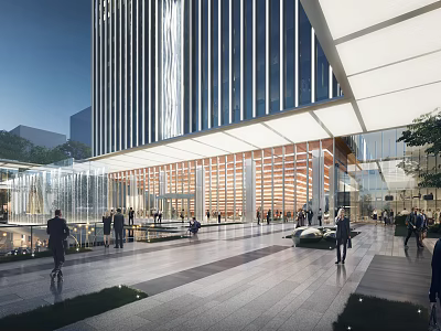 Modern Sales Office Building With Glass Curtain Wall Metal Stripes And Pedestrian Entrance Plaza 3d model