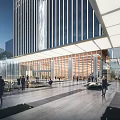 Modern Sales Office Building With Glass Curtain Wall Metal Stripes And Pedestrian Entrance Plaza