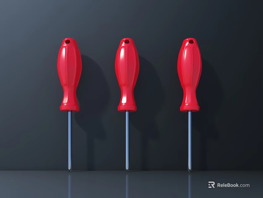 Three Red Handle Screwdrivers As Hardware Tools With Smooth Reflective Surface And Dark Gray Background 3d model 
