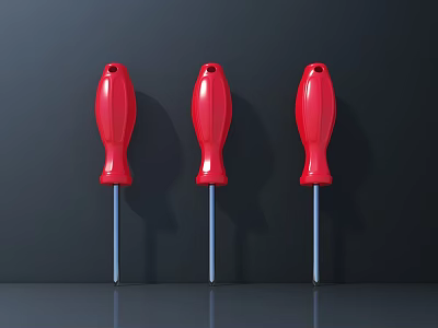 Three Red Handle Screwdrivers As Hardware Tools With Smooth Reflective Surface And Dark Gray Background 3d model