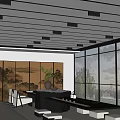 Traditional Japanese Tea House Interior With Landscape Painting Screen Potted Plant And Large Window