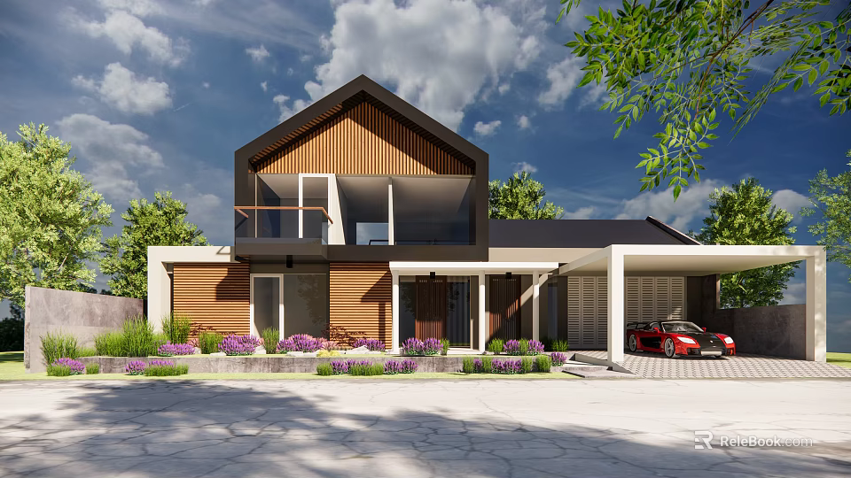 Modern Single Family Home With Wooden Exterior Balcony Purple Flowers And Red Car 3d model 