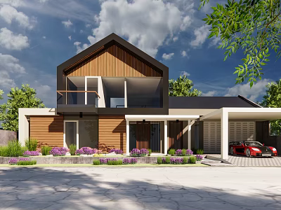 Modern Single Family Home With Wooden Exterior Balcony Purple Flowers And Red Car 3d model