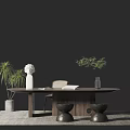 Modern Wooden Desk with Potted Plants Vase Mirror and Stools on Rug