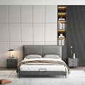 Background Double Bed With Gray Headboard Nightstands Table Lamps Gray Rug And Curtains