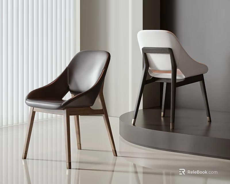 Modern Minimalist Dining Chairs With Brown White Leather Seats And Wooden Legs 3d model 