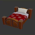 Red Wooden Bed With White Pillow And Red Bedspread Featuring White Patterns