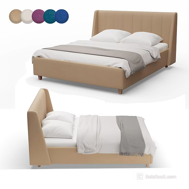 Modern Simple Double Bed With Beige Upholstered Headboard White Sheets Pillowcases And Gray Blanket 3d model 