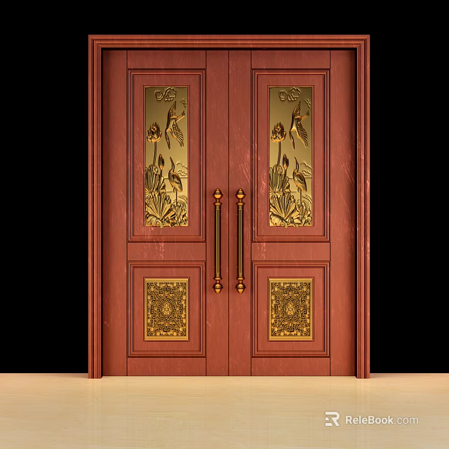Red Wooden Double Doors With Golden Bird Patterns And Decorative Handles 3d model 