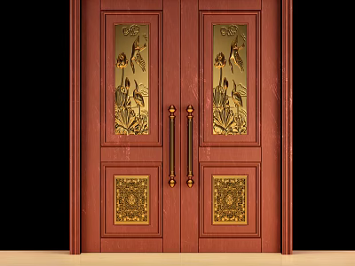 Red Wooden Double Doors With Golden Bird Patterns And Decorative Handles 3d model