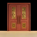 Red Wooden Double Doors With Golden Bird Patterns And Decorative Handles