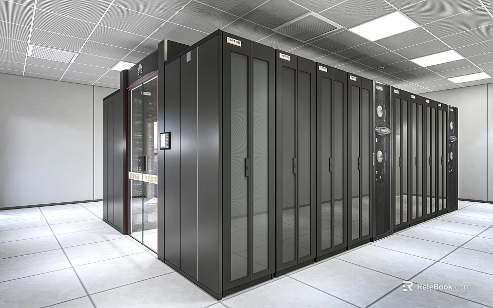 Modern Data Center Interior With Black Server Racks And Glass Doors 3d model 