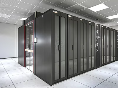 Modern Data Center Interior With Black Server Racks And Glass Doors 3d model