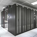 Modern Data Center Interior With Black Server Racks And Glass Doors