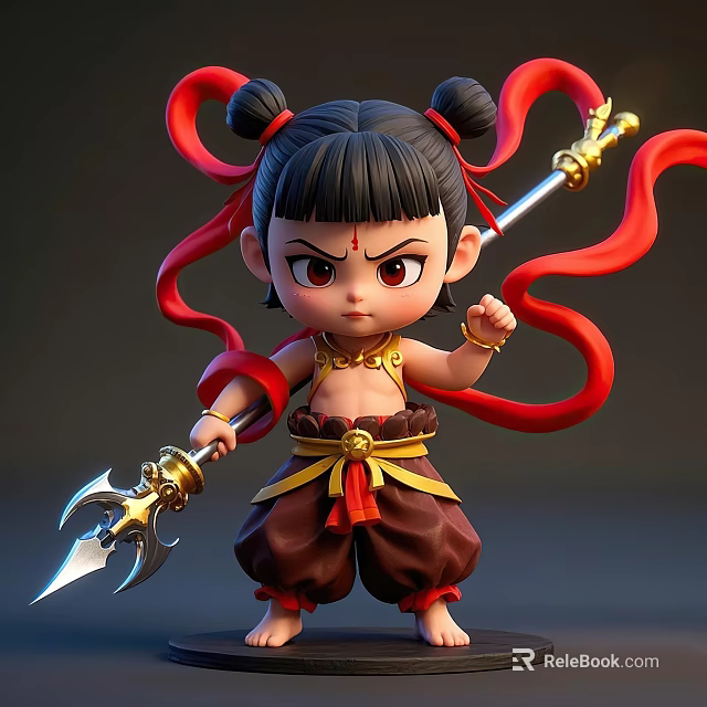 Game And Movie Character Cartoon Style Boy With Double Buns Red Ribbons And Golden Spear 3d model 
