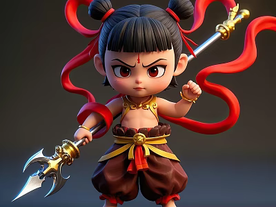 Game And Movie Character Cartoon Style Boy With Double Buns Red Ribbons And Golden Spear 3d model