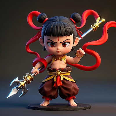 Game And Movie Character Cartoon Style Boy With Double Buns Red Ribbons And Golden Spear 3d model
