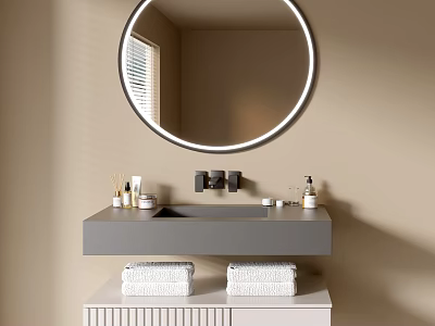 Modern Bathroom Vanity Cabinet with Round Mirror Gray Countertop and White Towels 3d model