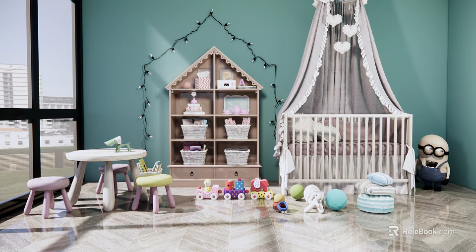 Baby Nursery Teal Wall String Lights House Shaped Bookshelf Toys Around White Crib 3d model 