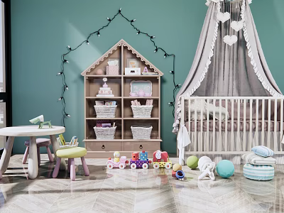 Baby Nursery Teal Wall String Lights House Shaped Bookshelf Toys Around White Crib 3d model