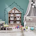 Baby Nursery Teal Wall String Lights House Shaped Bookshelf Toys Around White Crib