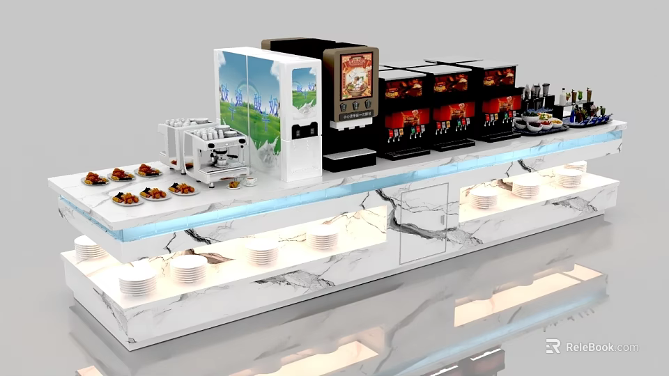 Elegant Banquet Hall Buffet Station With Marble Countertop And Food Beverage Displays 3d model 