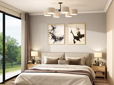 Modern Bedroom Interior With Large Windows Curtains Comfortable Bed Nightstands And Wall Paintings 3d model