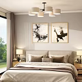 Modern Bedroom Interior With Large Windows Curtains Comfortable Bed Nightstands And Wall Paintings