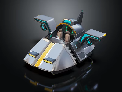 Futuristic Spaceship 3D Model with Silver Body Yellow Stripes Blue Lights and Open Cockpit Design 3d model