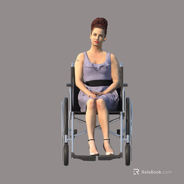 Woman Sitting in Wheelchair Wearing Purple Dress with Clasped Hands and Sandals 3d model 