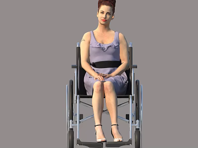Woman Sitting in Wheelchair Wearing Purple Dress with Clasped Hands and Sandals 3d model