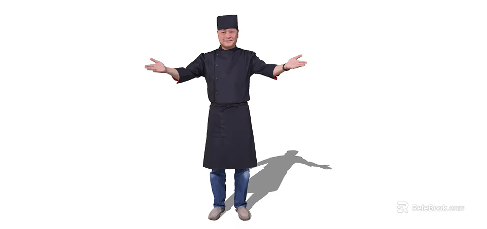 Man wearing black chef uniform and hat standing confidently with arms open on white background 3d model 