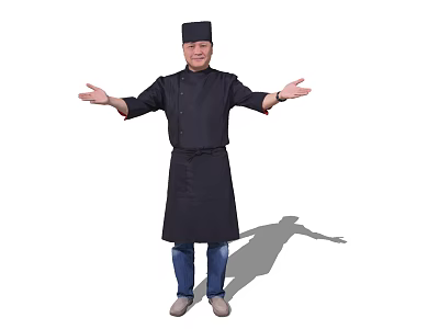 Man wearing black chef uniform and hat standing confidently with arms open on white background 3d model