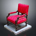 Vintage Red Patterned Upholstered Chair With Intricate Wooden Carved Frame And Armrests