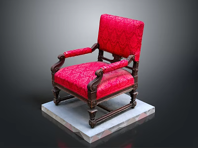 Vintage Red Patterned Upholstered Chair With Intricate Wooden Carved Frame And Armrests 3d model