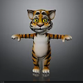 Cartoon 3D Tiger Character With Orange Black Stripes White Belly Yellow Eyes Standing Open Arms