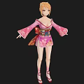 Woman In Pink Kimono Style Outfit With Blue Sash Orange Hair Red Heels
