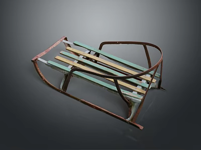 Vintage Sled With Retro Design Rustic Metal Frame And Colorful Wooden Slats 3d model