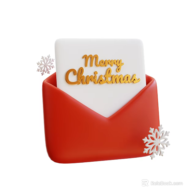 Christmas Ornament Set With Red Envelope White Card Gold Merry Christmas Lettering And Snowflake Decorations 3d model 
