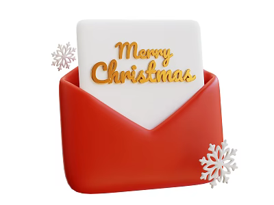 Christmas Ornament Set With Red Envelope White Card Gold Merry Christmas Lettering And Snowflake Decorations 3d model