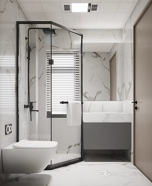Modern Bathroom Interior With Glass Shower Window Blinds Marble Walls And Gray Vanity 3d model 