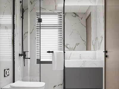 Modern Bathroom Interior With Glass Shower Window Blinds Marble Walls And Gray Vanity 3d model