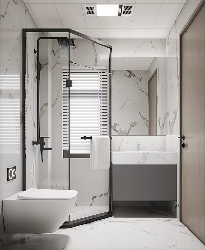 Modern Bathroom Interior With Glass Shower Window Blinds Marble Walls And Gray Vanity 3d model