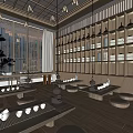 Japanese Style Teahouse Interior With Wooden Shelves Tatami Seating And Traditional Tea Sets