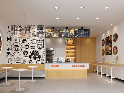 Contemporary Restaurant Interior Featuring Graffiti Wall Art Wooden Order Counter And Round Tables 3d model