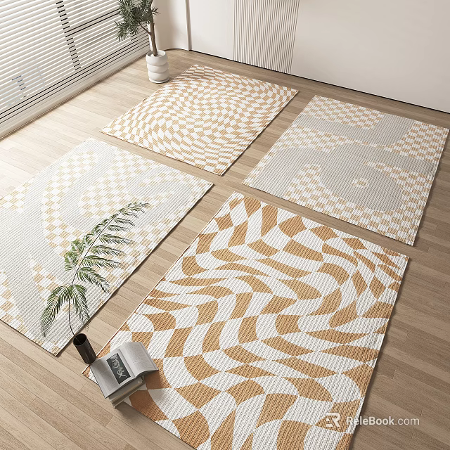 Stylish Square Rugs Featuring Neutral Beige White Orange Geometric Patterns on Wooden Floor Home Decor 3d model 
