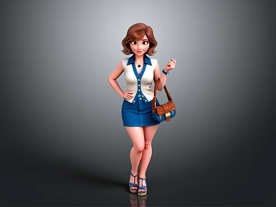 Stylish 3D Female Character With Brown Short Hair White Top Blue Vest Skirt And Handbag 3d model