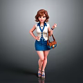 Stylish 3D Female Character With Brown Short Hair White Top Blue Vest Skirt And Handbag
